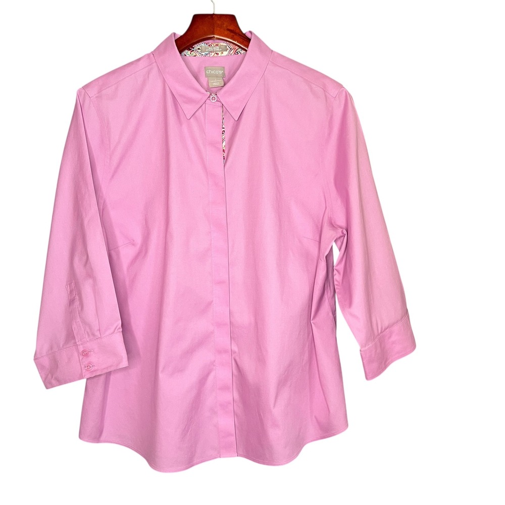 Chicos No Iron Stain Shield Button Front Shirt Pink‎ 3 US 16 18 Paisley Trim